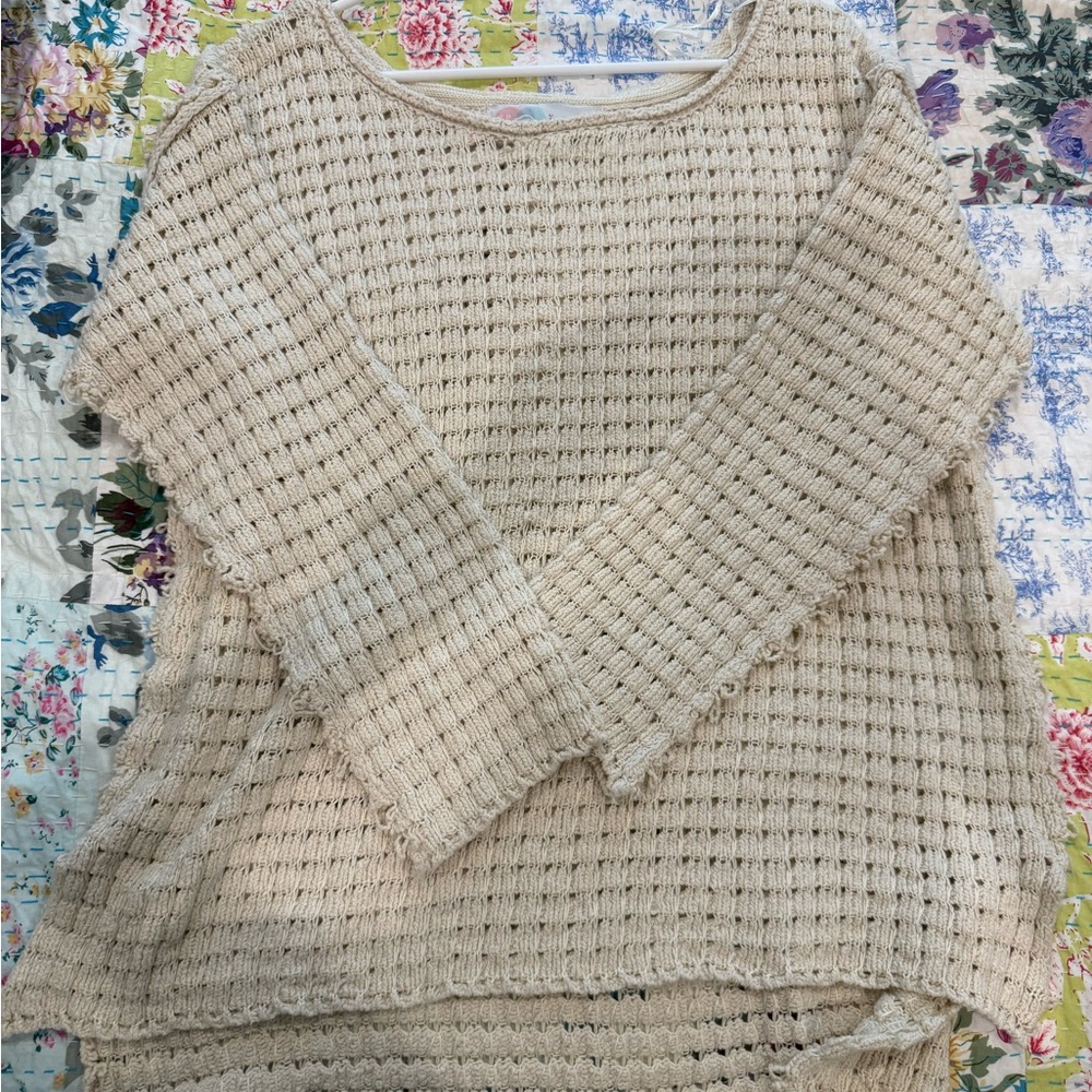 Free People Beach Open-Weave Scoop Neck Sweater in Beige